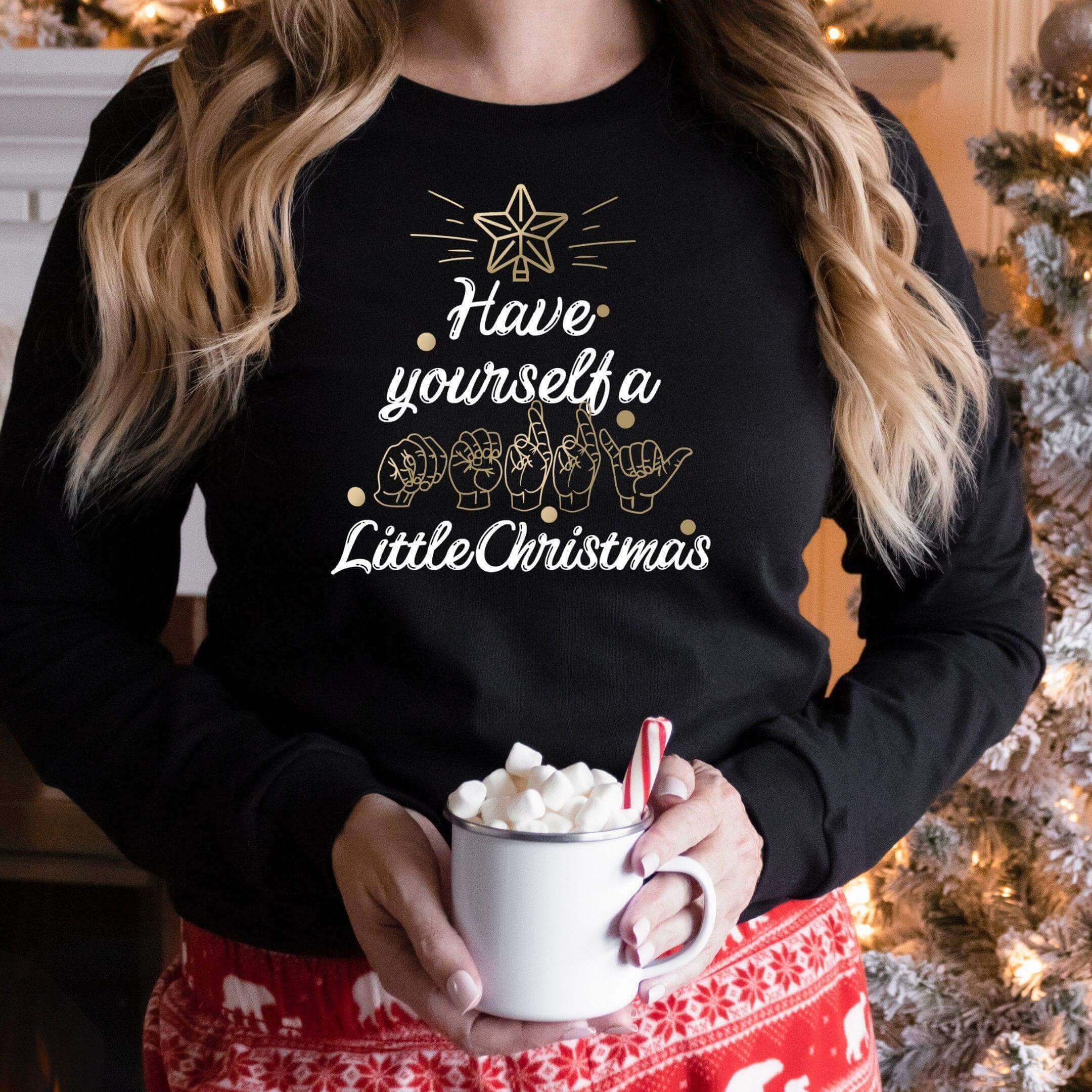 Winks Design Studio LLC Merry Little Christmas ASL long sleeve shirt with festive holiday design and comfortable fit.