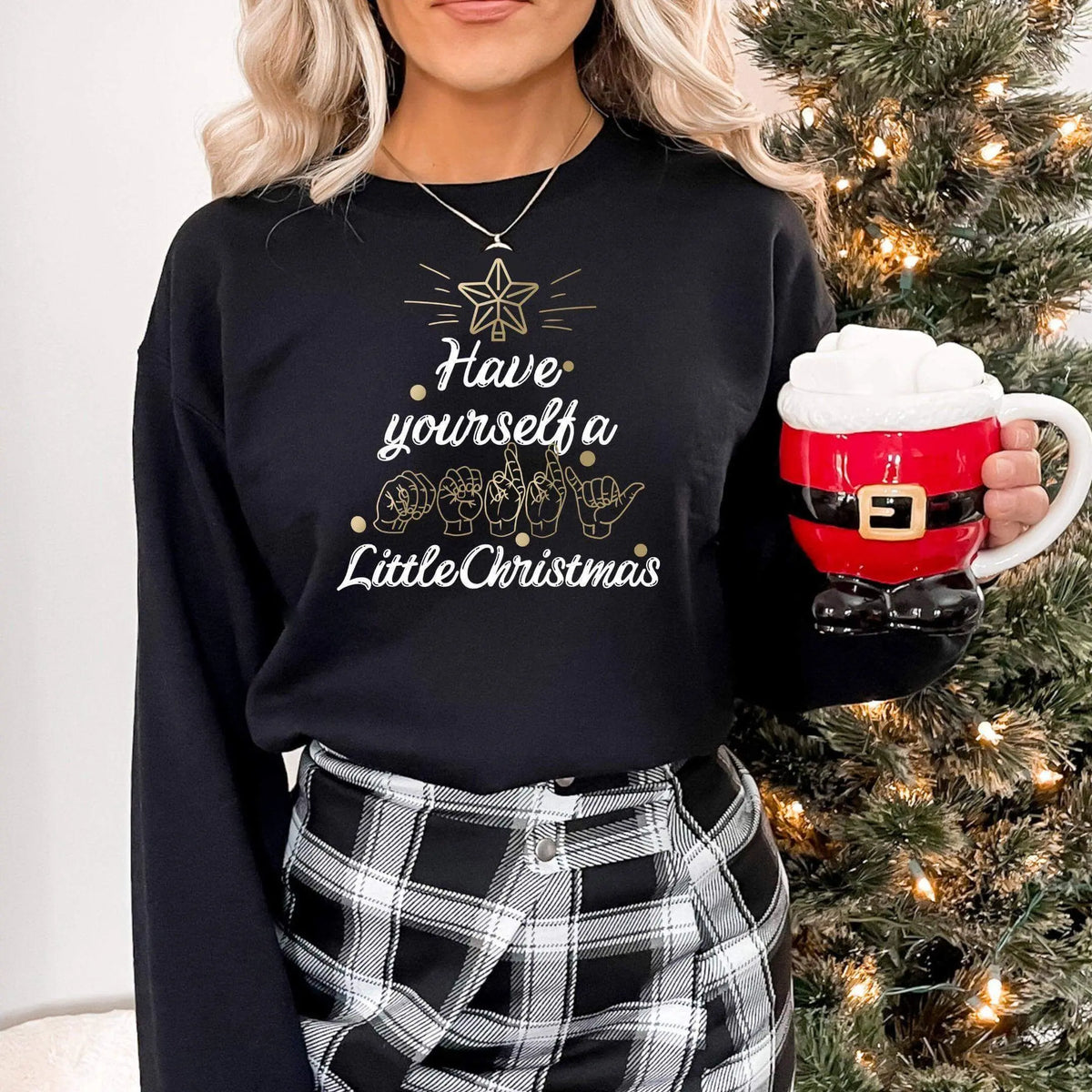 Winks Design Studio LLC Merry Little Christmas ASL long sleeve shirt in small size, featuring festive holiday design on fabric.