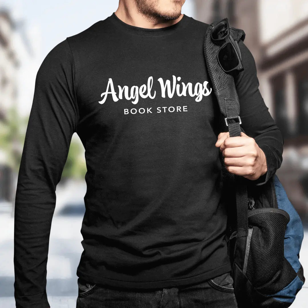 White long sleeve shirt with angel wings design by Winks Design Studio, LLC, featuring a horizontal layout.