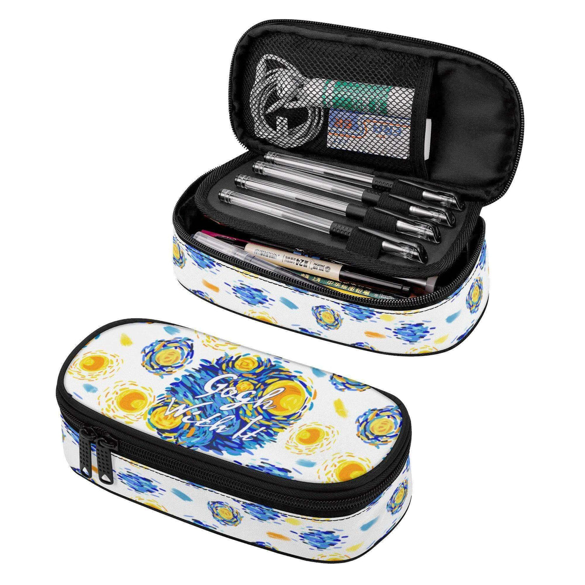 Starry Night 3-layer makeup bag organizer by Winks Design Studio, LLC, featuring multiple compartments for cosmetics and accessories.