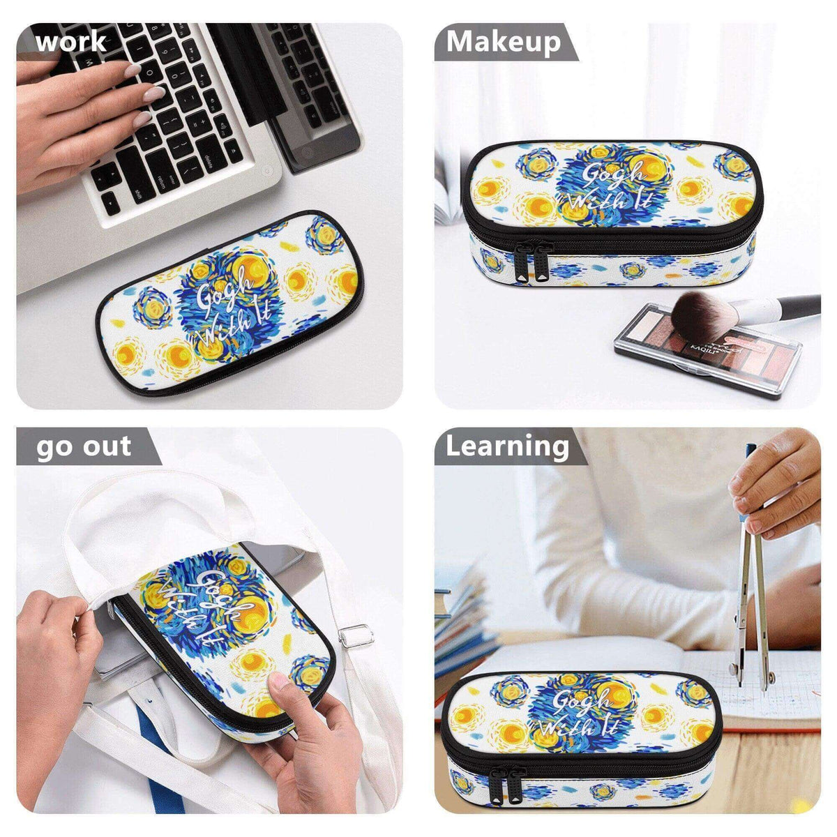 Starry Night 3-Layer Multi Purpose Makeup Bag Organizer by Winks Design Studio, LLC, with multiple compartments for cosmetics and essentials.