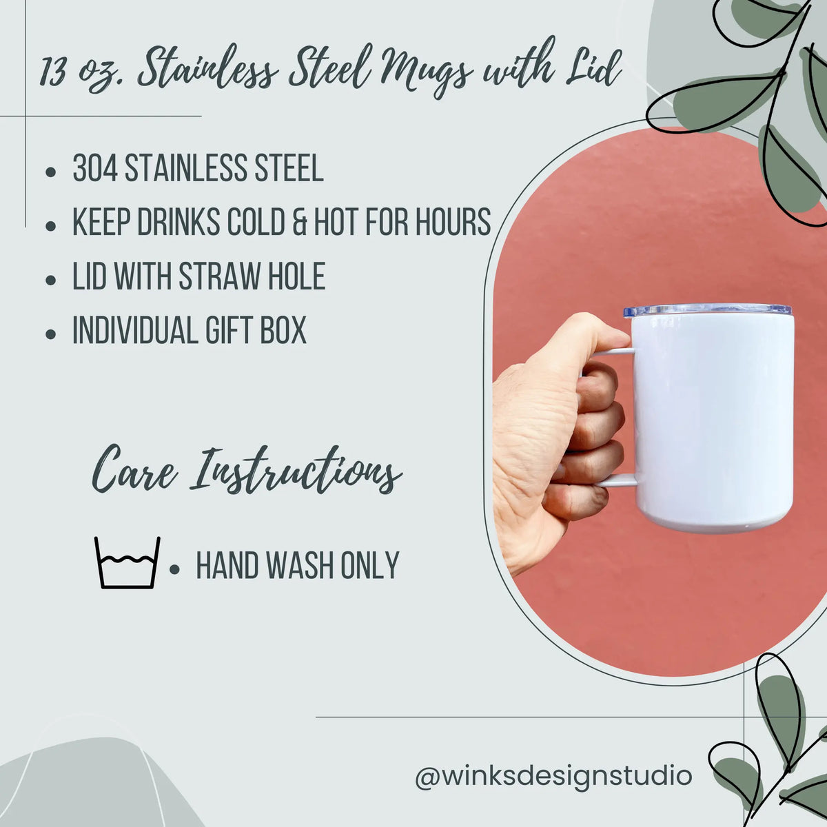 Winks Design Studio LLC 13oz insulated stainless steel metal mug with black handle and lid for hot and cold beverages.