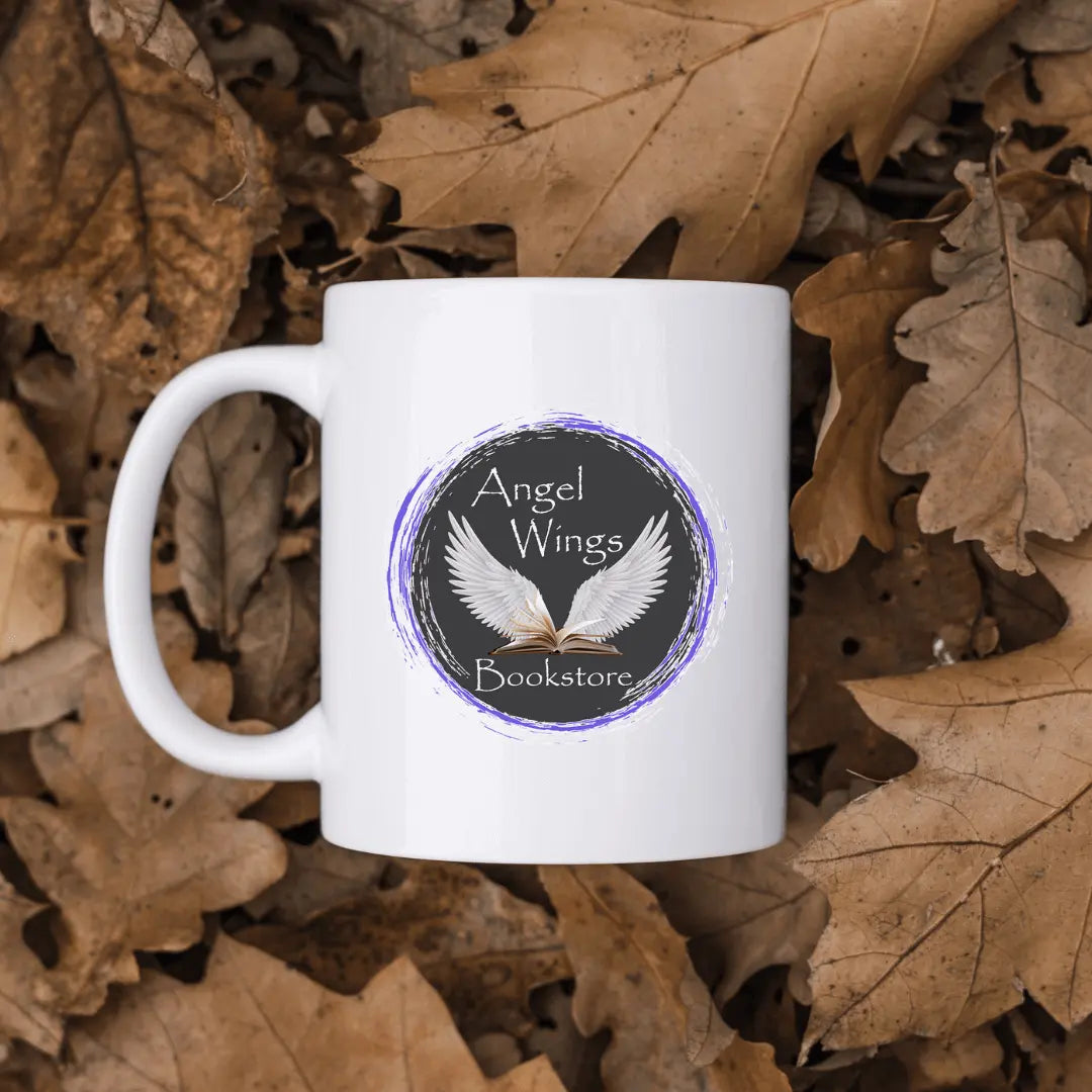 Ceramic mug with angel wings design by Winks Design Studio, LLC, featuring a bookstore-themed illustration on a white mug.