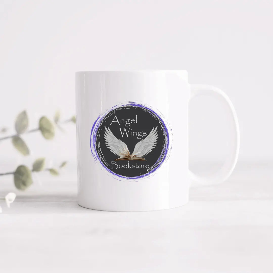 Ceramic mug featuring angel wings design by Winks Design Studio, LLC, ideal for book lovers and coffee enthusiasts.