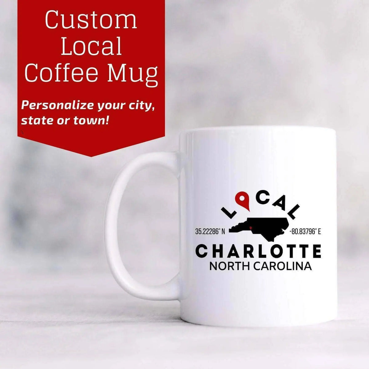 15 oz ceramic mug by Winks Design Studio featuring customizable city and state design in bold print.