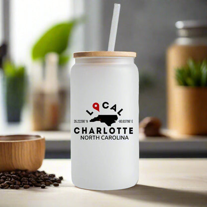 Customizable City and State 16 oz. Frosted Beer Can Glass With Bamboo Lid And Straw - Winks Design Studio,LLC