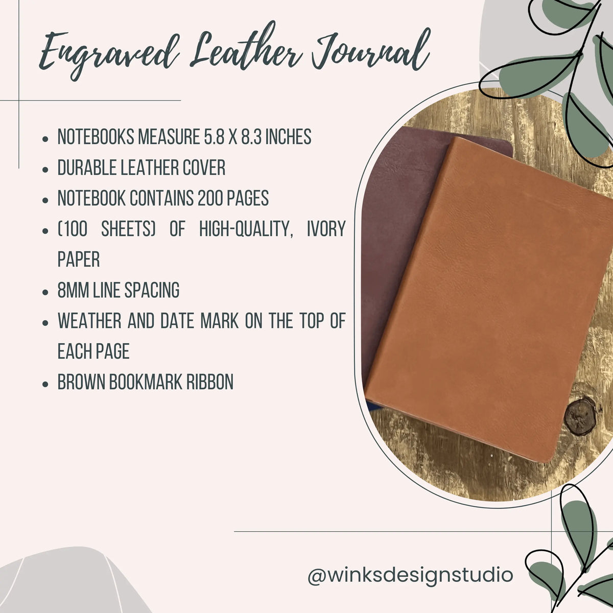 Granville Christmas Farm leather journal by Winks Design Studio, LLC, with rustic farm scene on the cover and stitched edges.