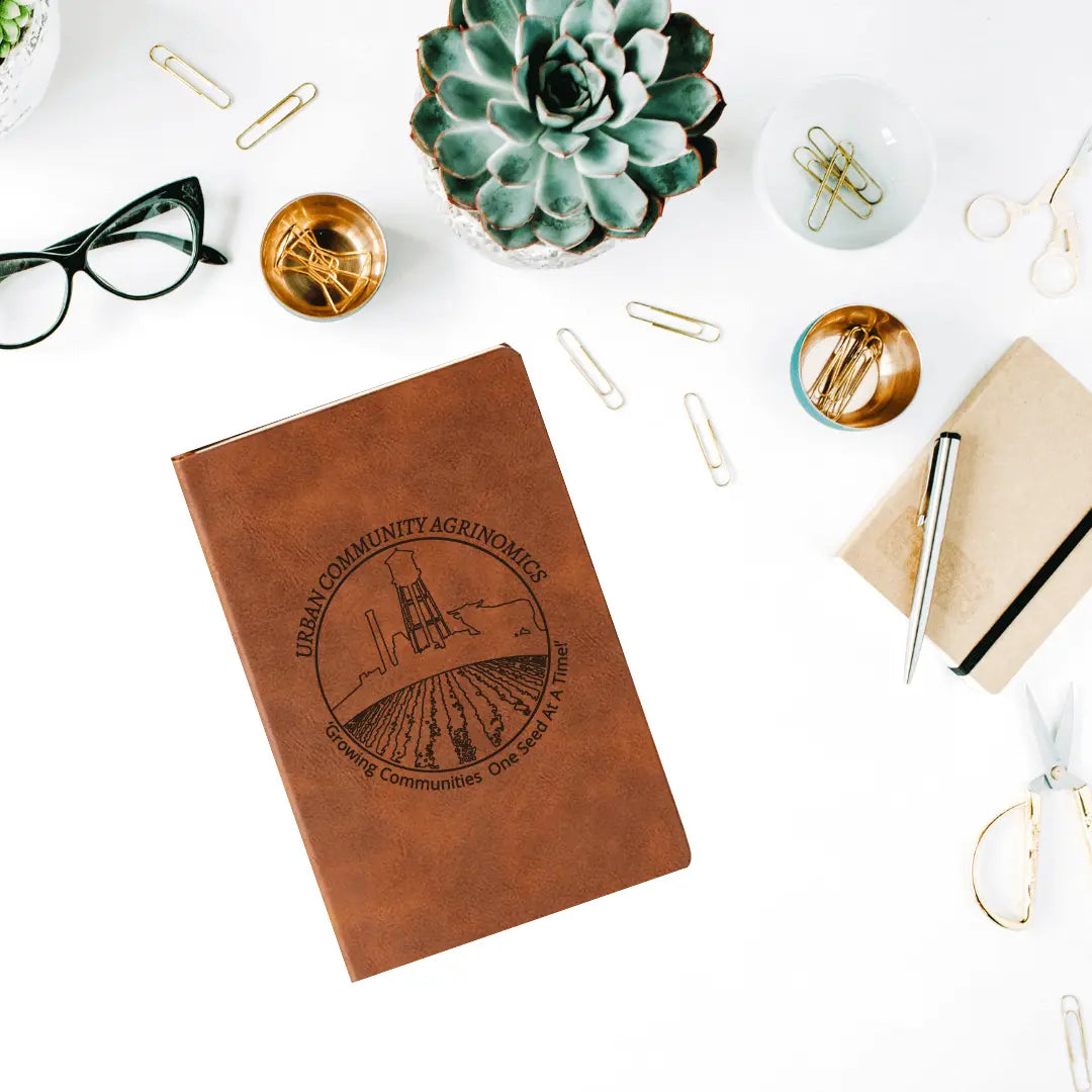 Winks Design Studio LLC UCAN leather journal notebook with textured brown cover and stitched binding for writing or sketching.