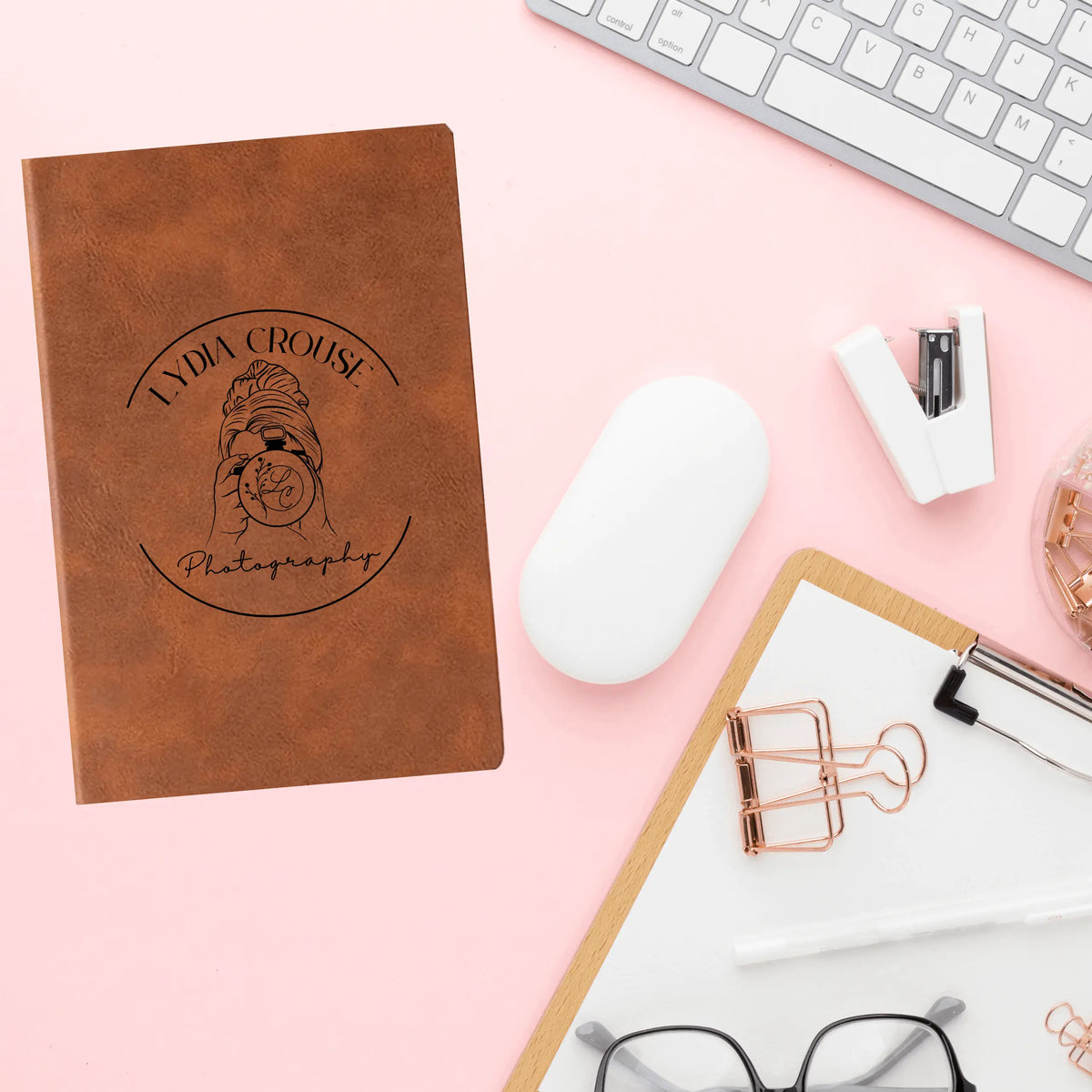 Winks Design Studio LLC Lydia Crouse Photography leather journal with yellow and brown cover, perfect for writing and note-taking.
