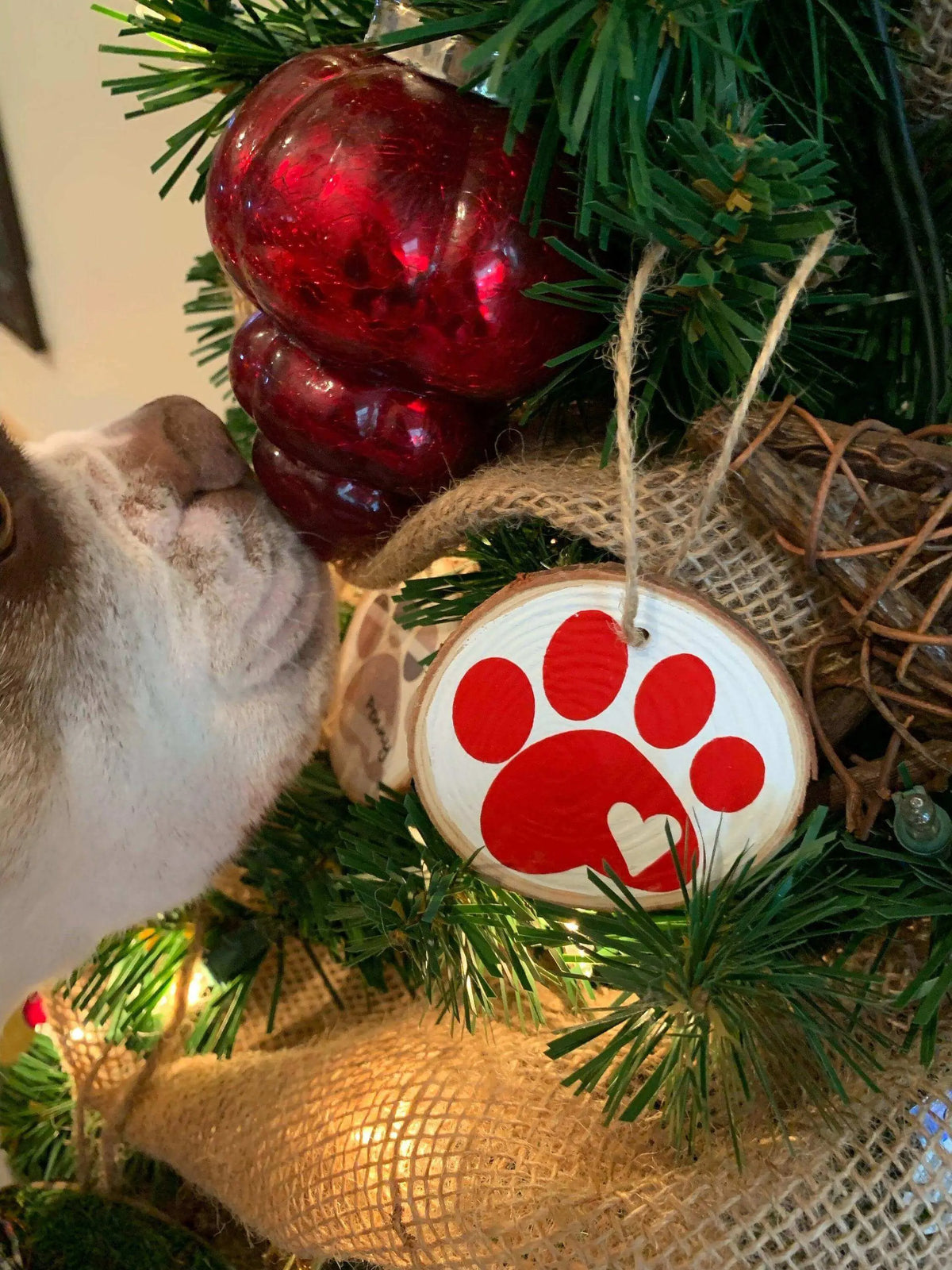 Brown plaid Christmas tree ornament with a paw print design by Winks Design Studio, LLC, perfect for holiday decorating.