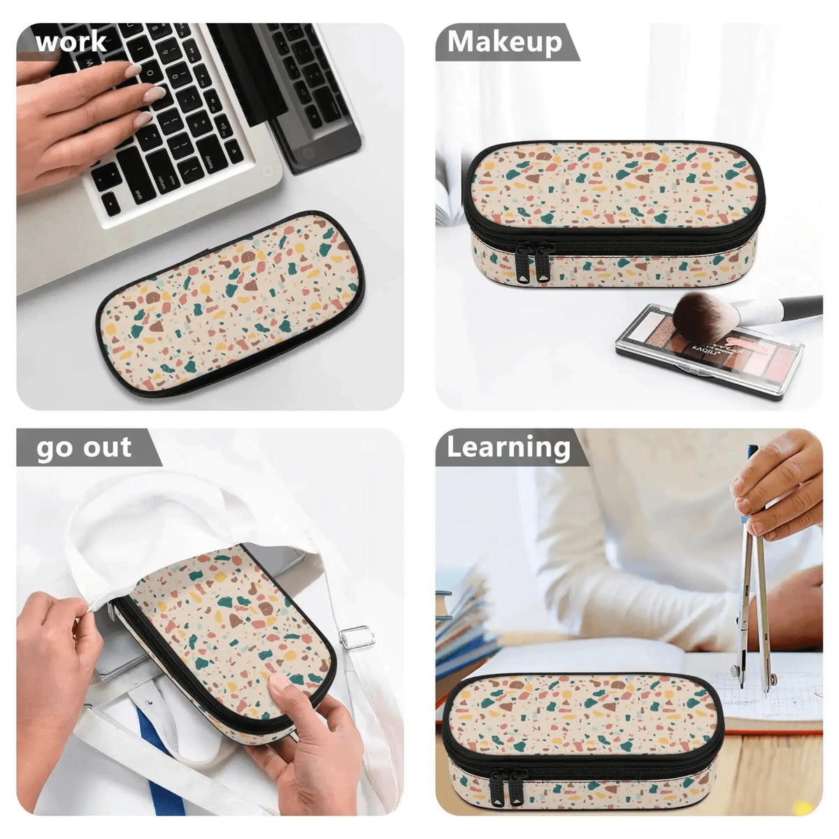 Terrazzo 3-layer bag used as a pen and pencil case from Winks Design Studio, LLC, showcasing its colorful, multi-tiered design.