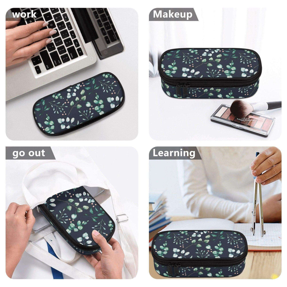 Eucalyptus floral makeup bag by Winks Design Studio LLC, a pencil bag with vibrant eucalyptus and floral pattern.