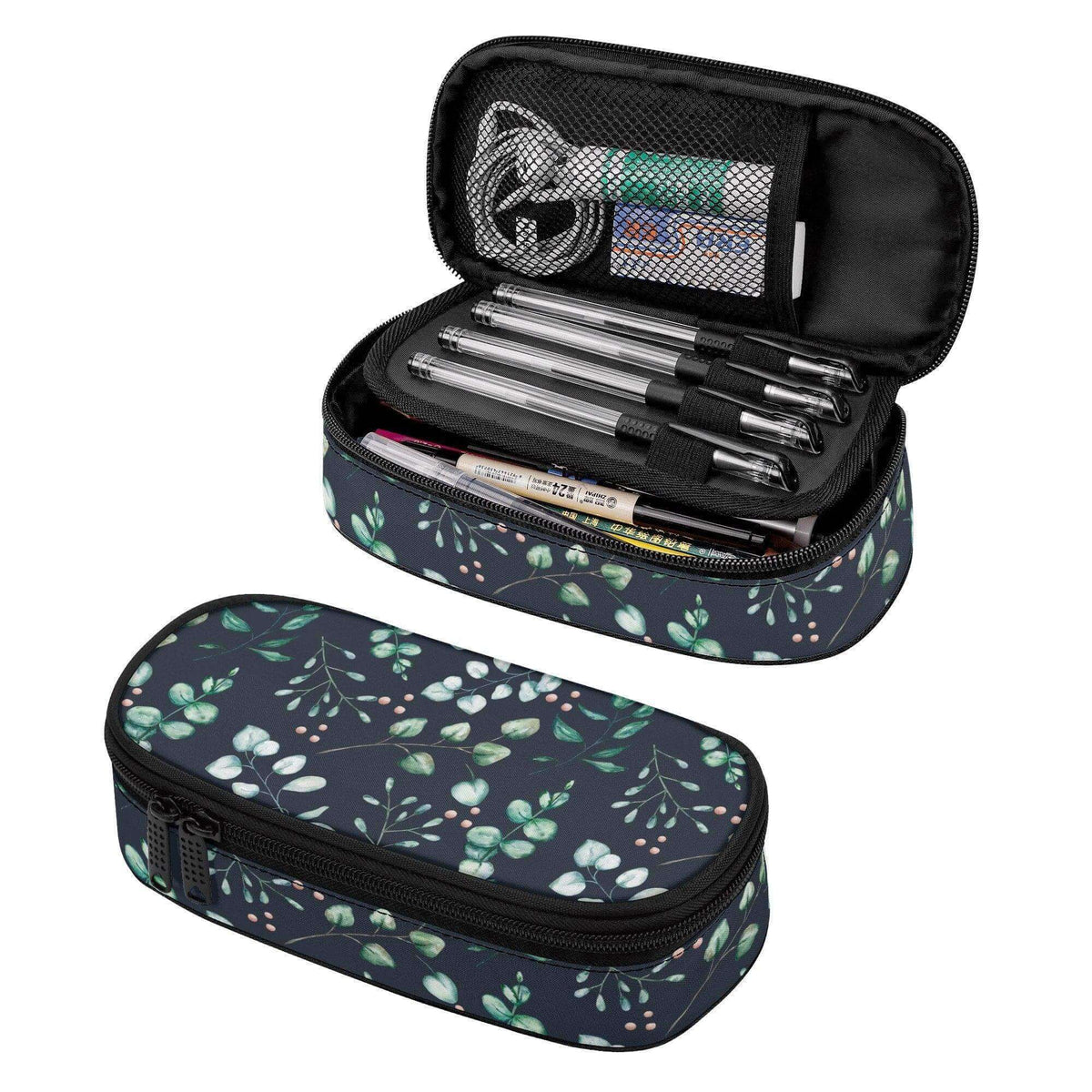 Eucalyptus floral makeup bag by Winks Design Studio, LLC, featuring a pencil bag with green eucalyptus and floral pattern.