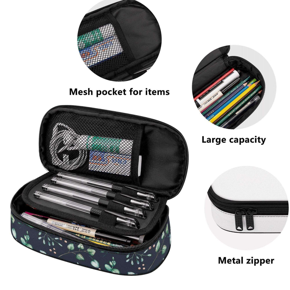 Eucalyptus floral makeup bag by Winks Design Studio, LLC, featuring a pencil bag with a vibrant eucalyptus and floral pattern.