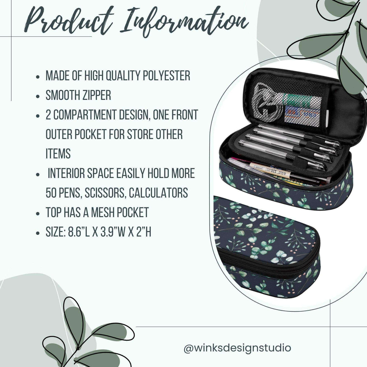 Eucalyptus floral makeup bag by Winks Design Studio, LLC, featuring a pencil bag with botanical print and zipper closure.