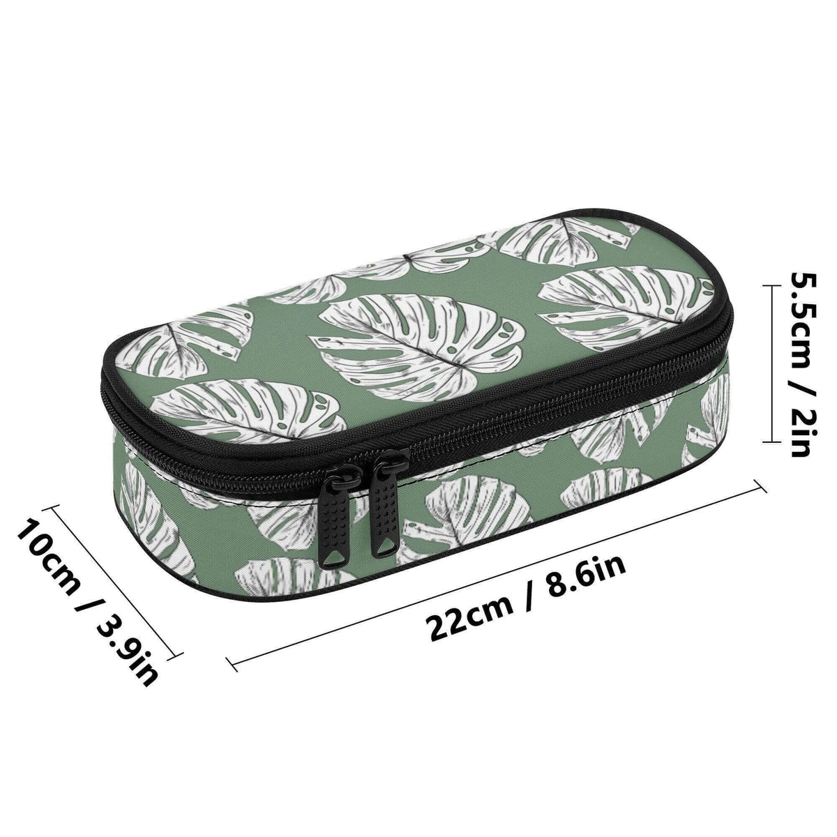Large capacity pencil case with Monstera leaves design by Winks Design Studio, LLC, featuring a spacious interior and tropical leaf pattern.