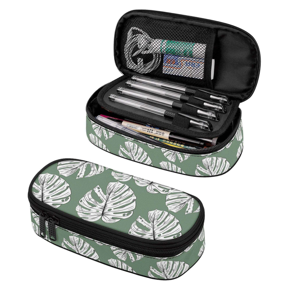 Large capacity pencil case featuring Monstera leaves design by Winks Design Studio, LLC, with spacious interior and stylish pattern.
