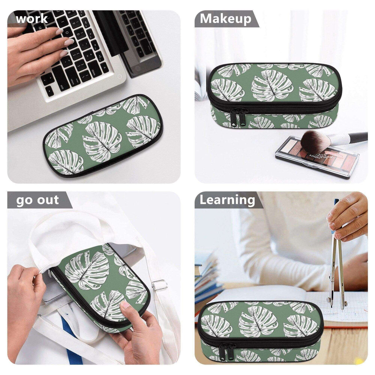 Large capacity pencil case by Winks Design Studio featuring vibrant monstera leaf pattern, perfect for storing pens and stationery.