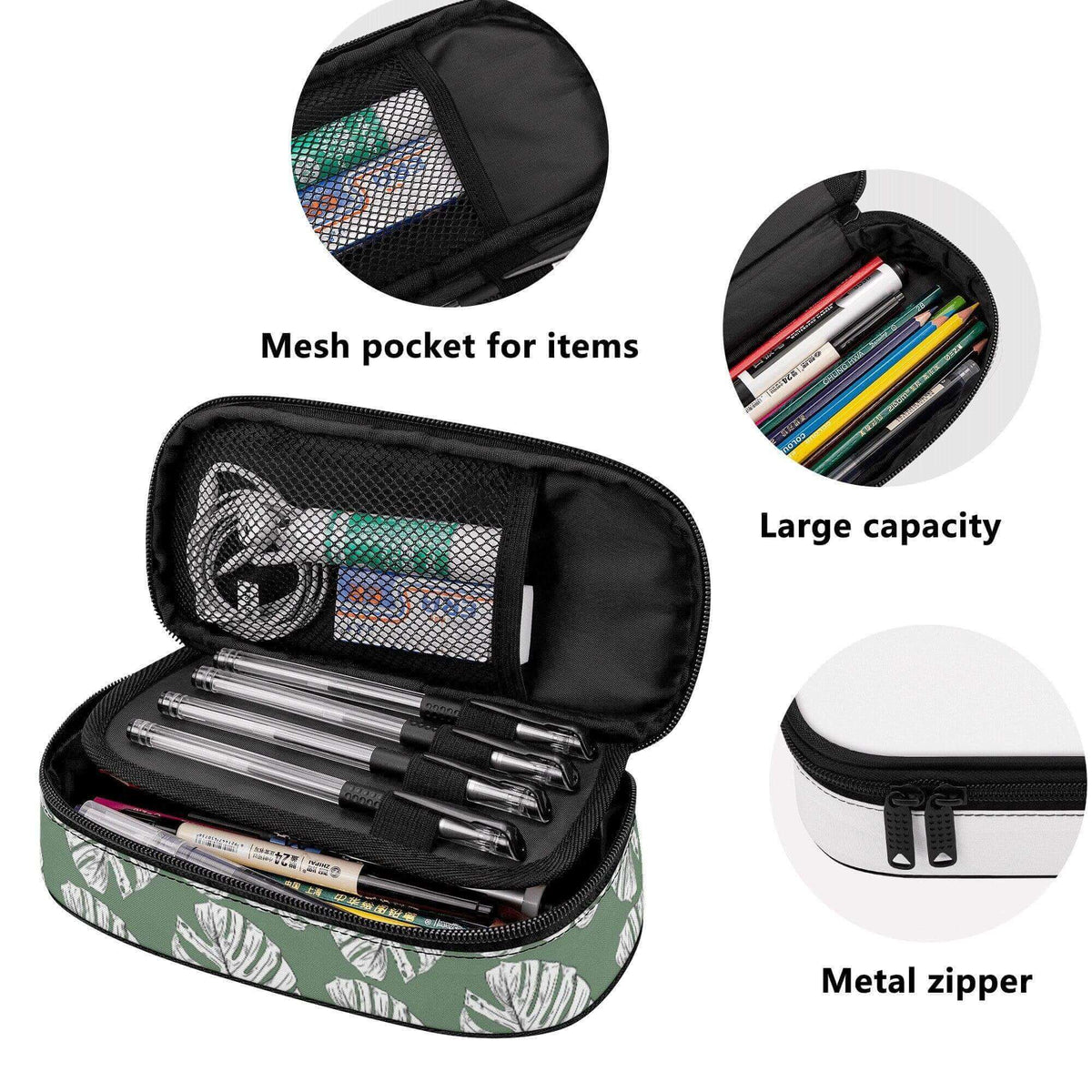 Large capacity pencil case by Winks Design Studio with Monstera leaf pattern, durable fabric, and spacious interior for pens and supplies.