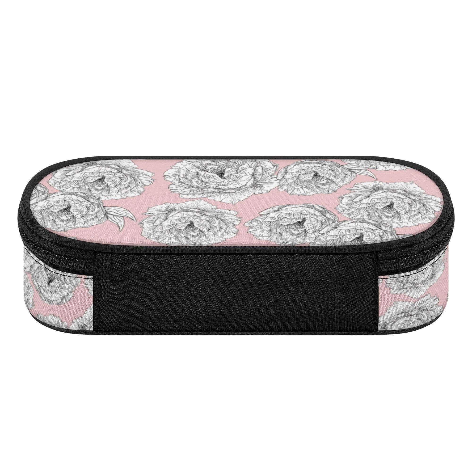 Pink peony flower 3-layer bag organizer pencil case by Winks Design Studio, LLC with floral design and multiple compartments.