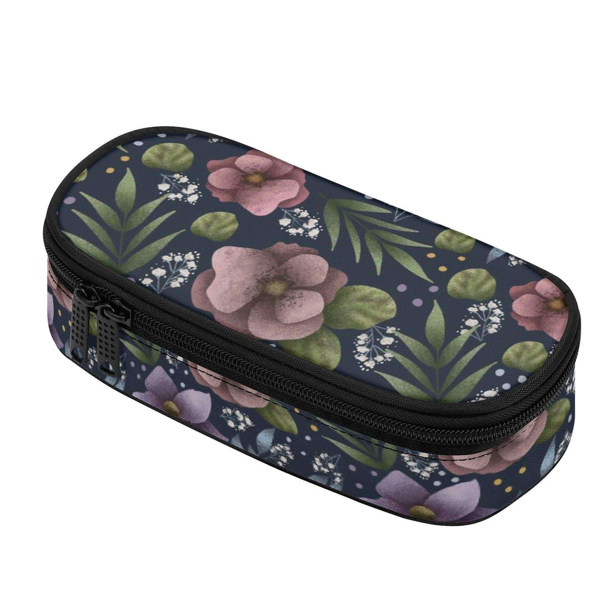 Purple Hydrangea 3-layer purse organizer pencil case by Winks Design Studio, LLC with multiple compartments and floral design.