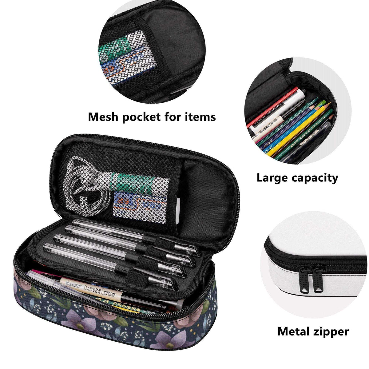 Purple Hydrangea 3-layer purse organizer pencil case by Winks Design Studio, LLC, with multiple compartments and floral design.
