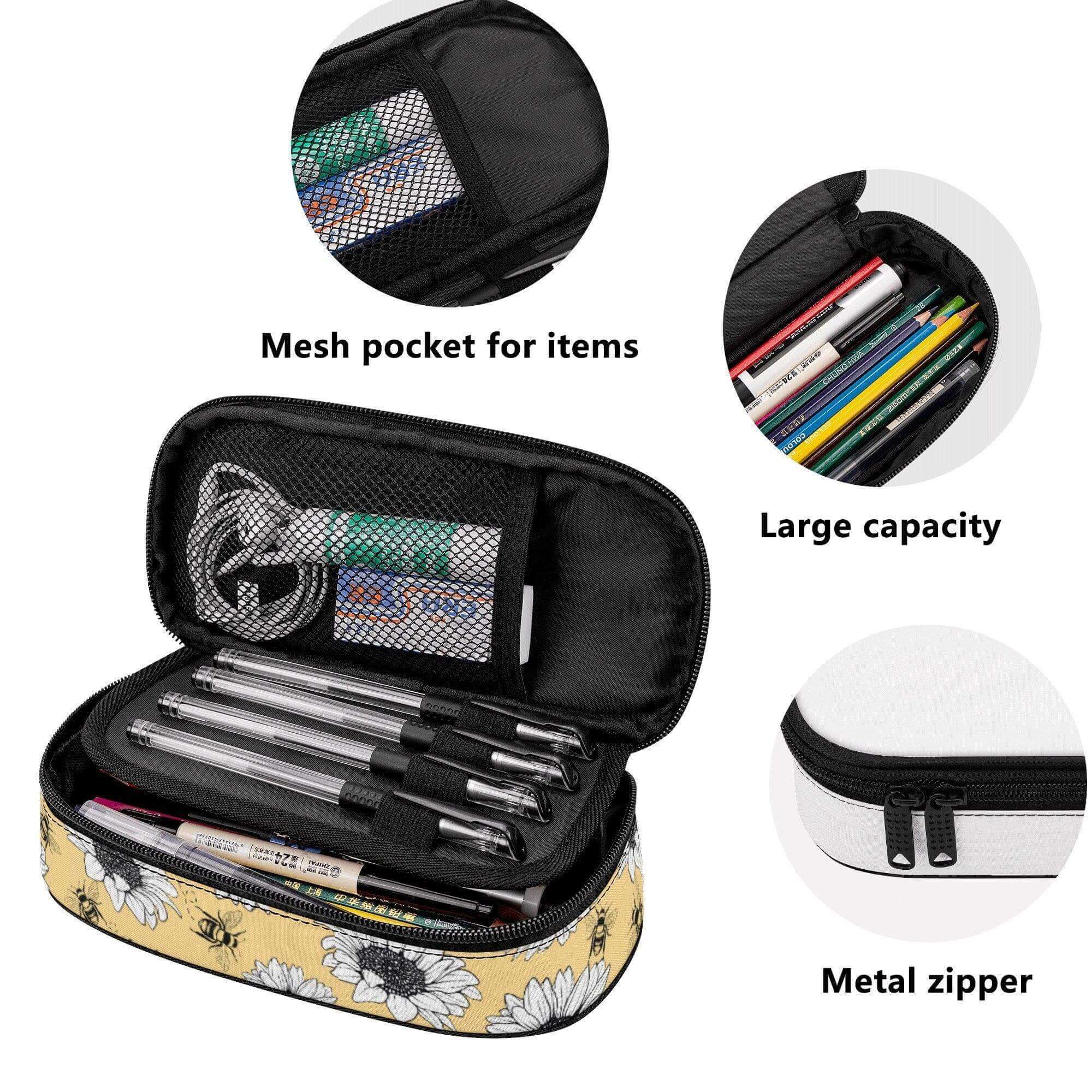 Yellow sunflower 3-layer purse organizer pencil case by Winks Design Studio, LLC with multiple compartments for organization.