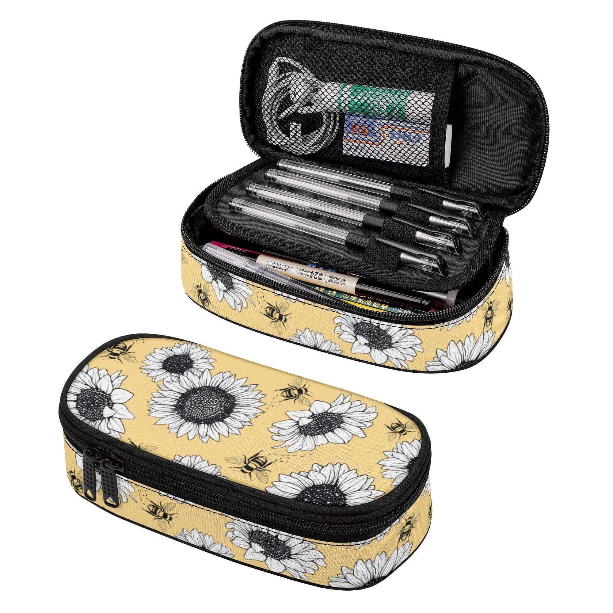 Yellow sunflower 3-layer purse organizer pencil case by Winks Design Studio, LLC, with multiple compartments for organized storage.