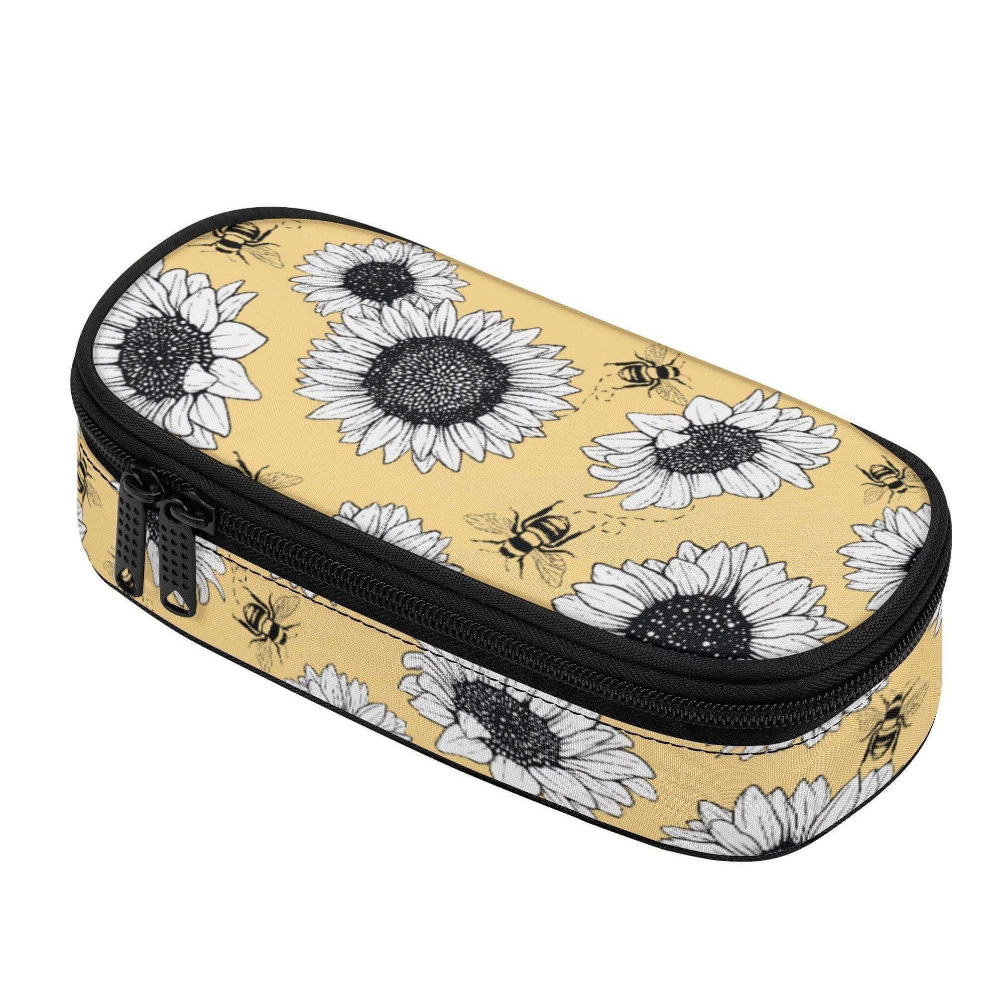 Yellow sunflower 3-layer purse organizer pencil case by Winks Design Studio, LLC with multiple compartments for organization.