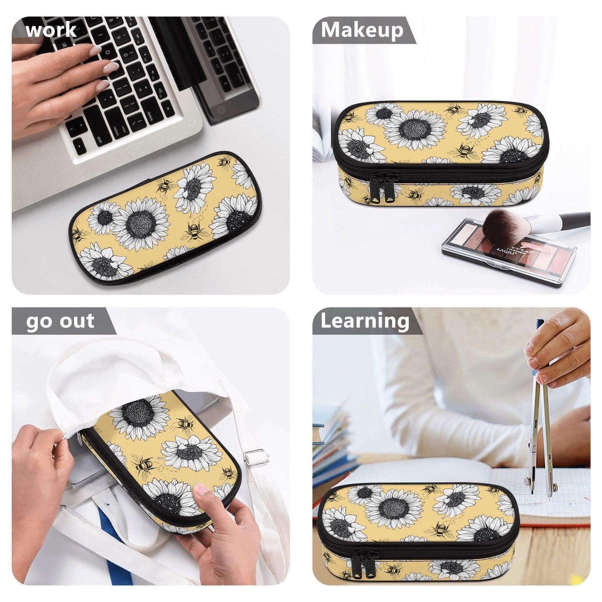 Yellow sunflower 3-layer purse organizer pencil case by Winks Design Studio, LLC, with multiple compartments and vibrant sunflower design.