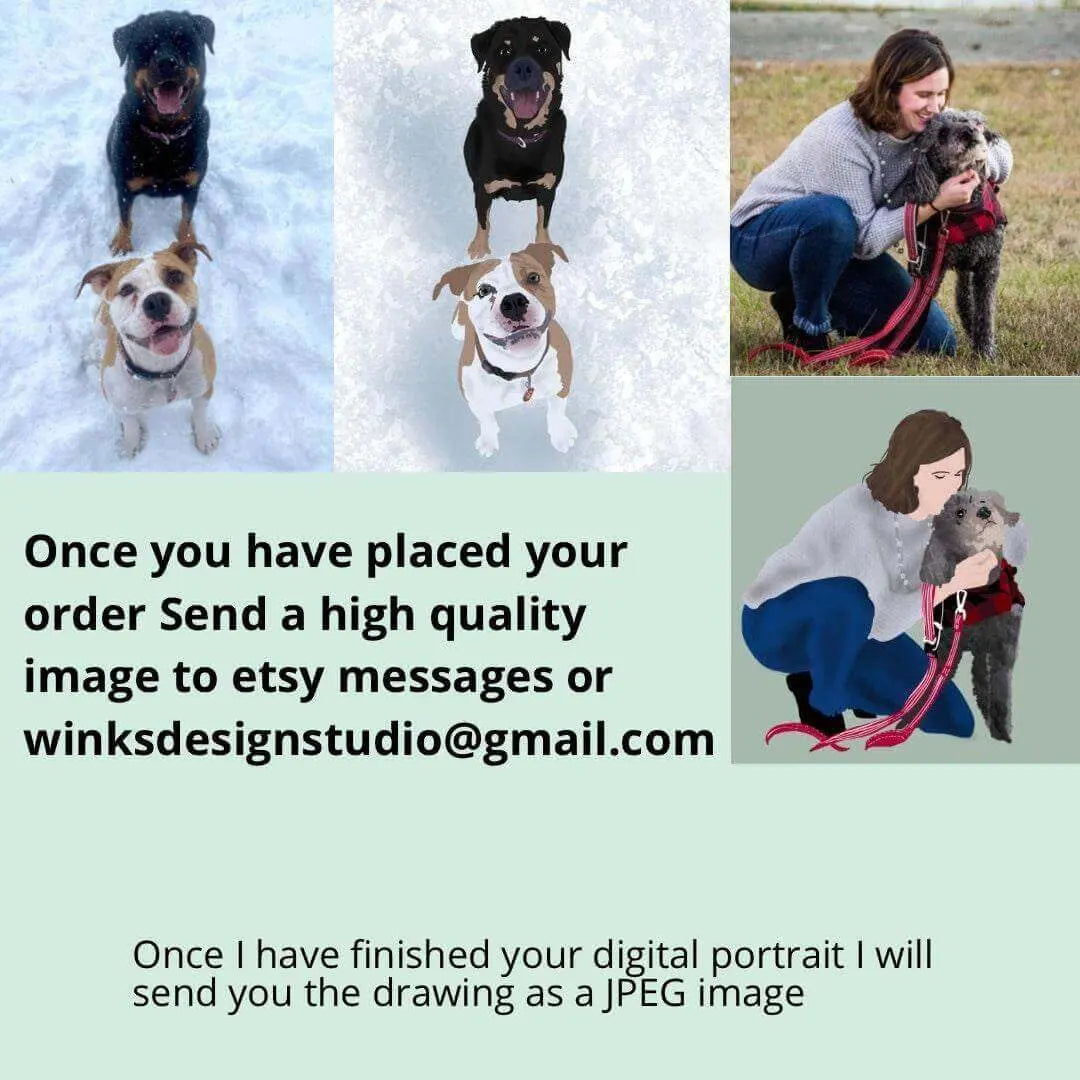Personalized pet portrait from photo by Winks Design Studio, LLC showing a detailed, custom pet illustration in vibrant colors.