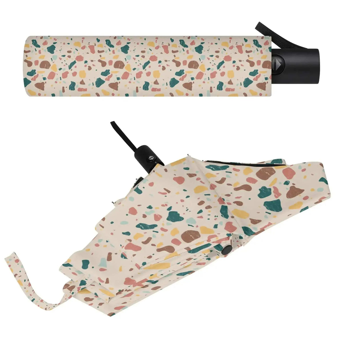 Winks Design Studio terrazzo rain umbrella with colorful speckled pattern open outdoors.
