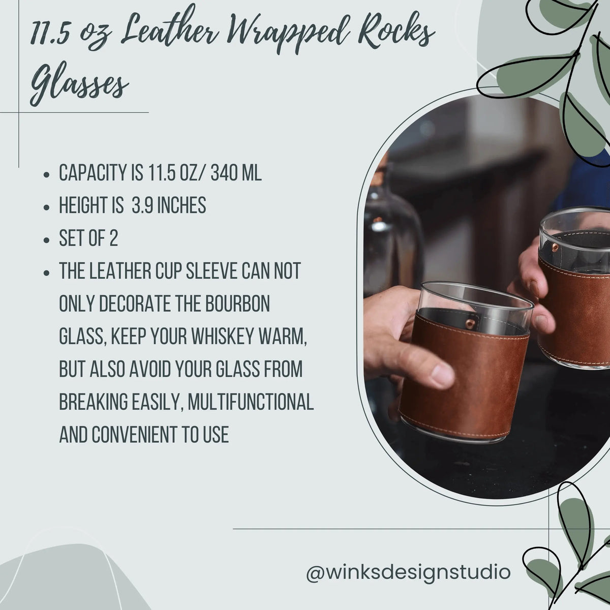 Oxford Oaks Distillery leather wrap rocks glass set by Winks Design Studio, LLC, featuring stylish leather accents on clear glass rocks glasses.