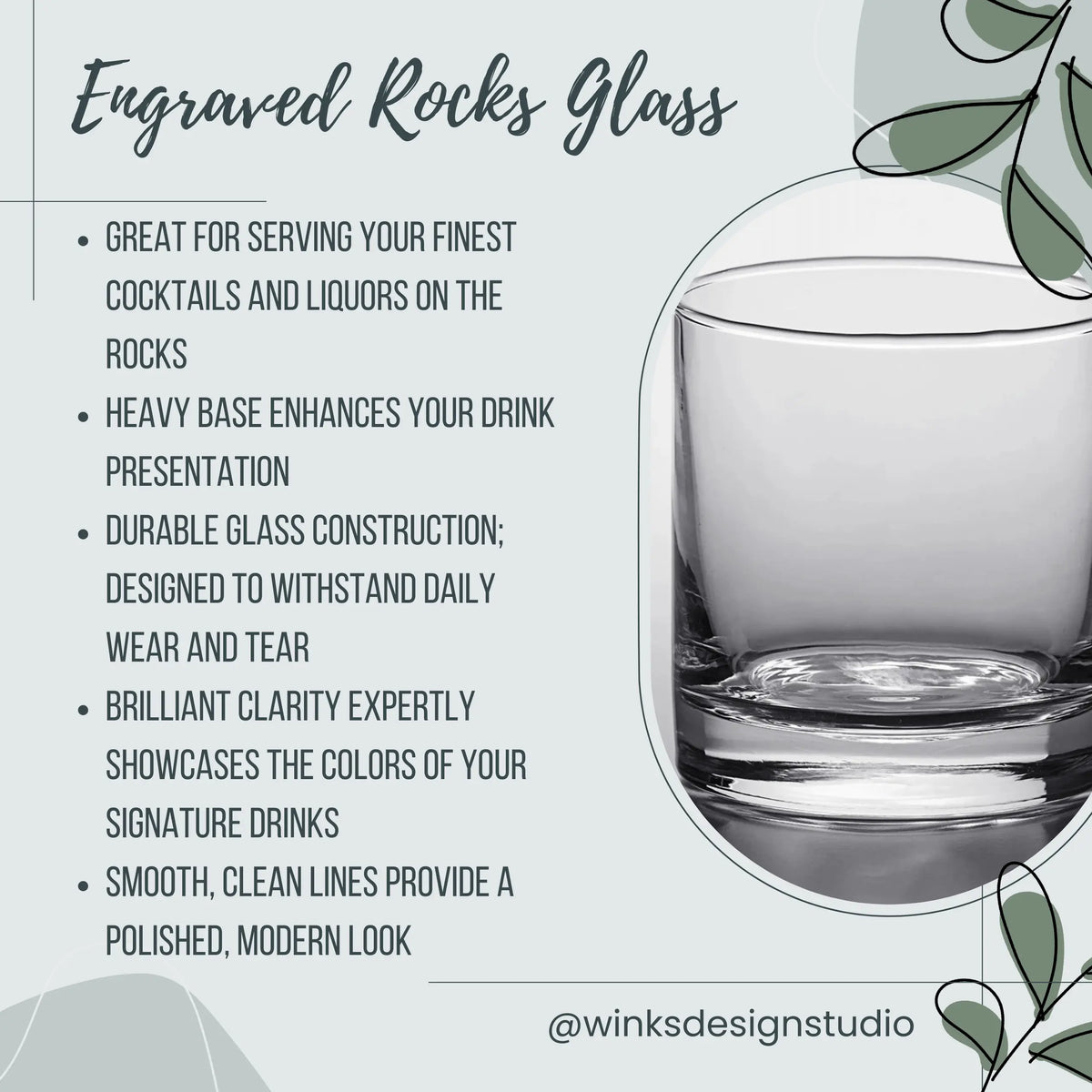 Winks Design Studio LLC Oxford Oaks Distillery rocks glass, single, clear glass with engraved design for spirits and cocktails.
