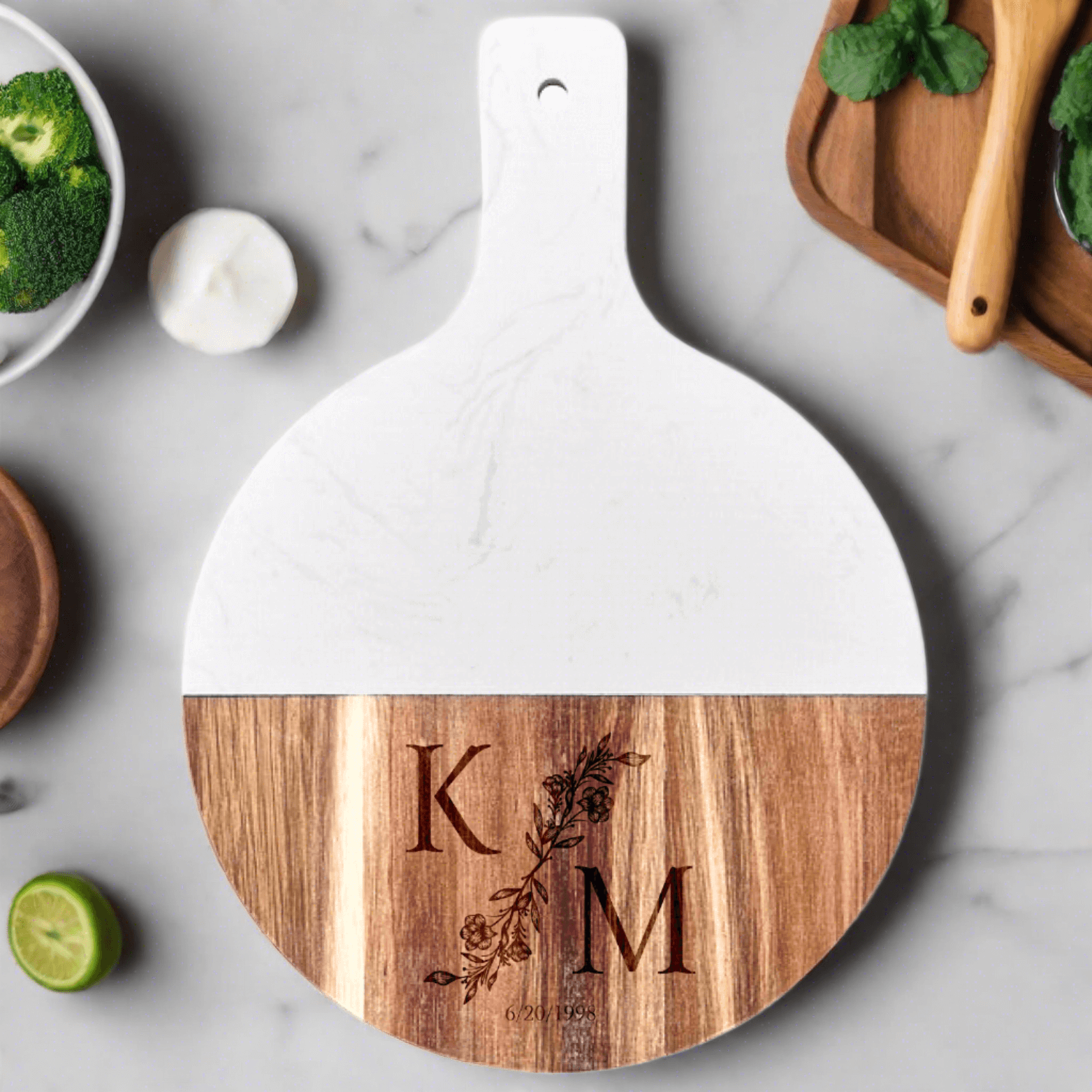 Personalized Acacia Wood &amp; Marble Serving Board - 10" with Handle - Winks Design Studio,LLC