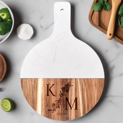Personalized Acacia Wood &amp; Marble Serving Board - 10" with Handle - Winks Design Studio,LLC