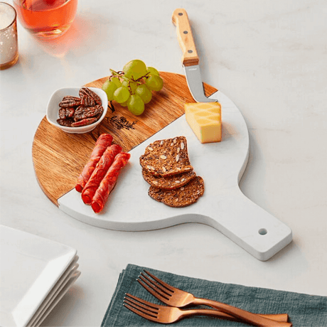 Personalized Acacia Wood & Marble Serving Board - 10" with Handle - Winks Design Studio,LLC