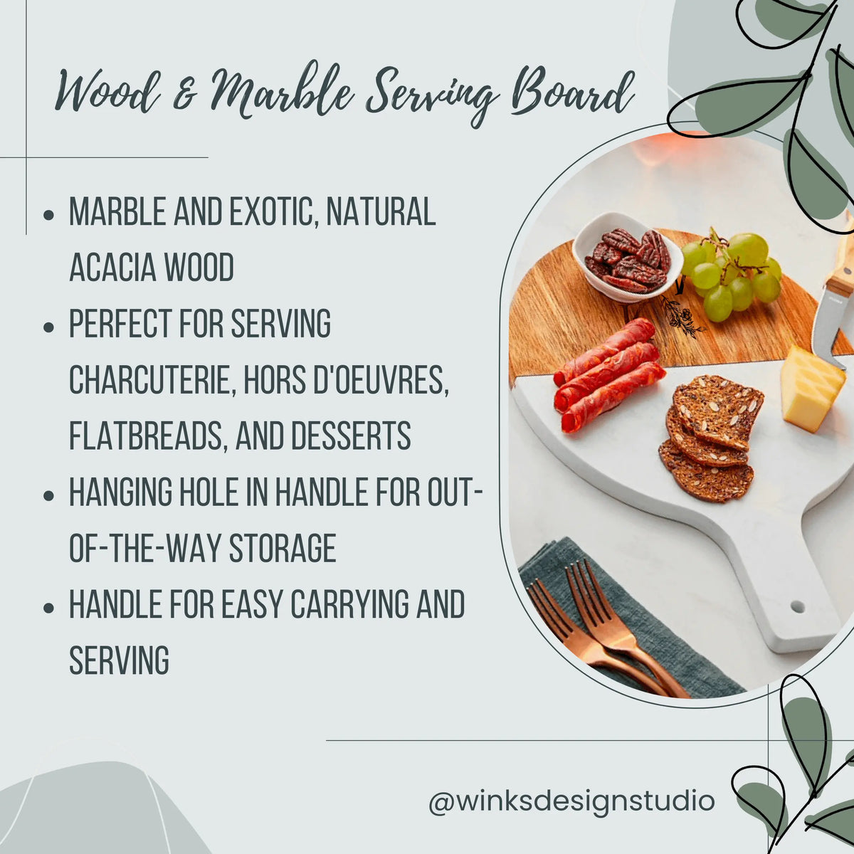 Personalized acacia wood and marble serving board with handle, crafted by Winks Design Studio, LLC for elegant food presentation.