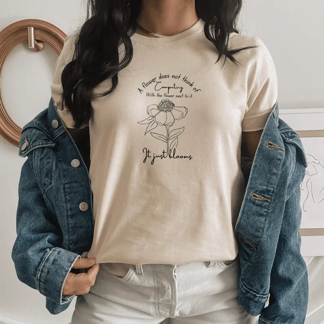 Mint green It Just Blooms Nature Quote T-Shirt by Winks Design Studio, casual shirt with nature-inspired text design.