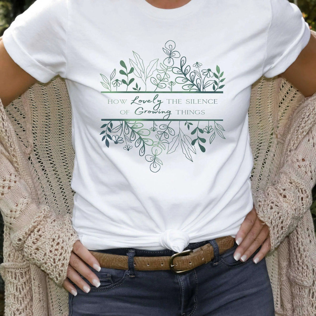 Black "How Lovely the Silence of Growing Things" T-shirt by Winks Design Studio, LLC, featuring a comfortable shirt with botanical-inspired design.