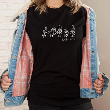 Blue Loved Sign Language shirt from Winks Design Studio, LLC featuring a comfortable fit and bold sign language graphic.