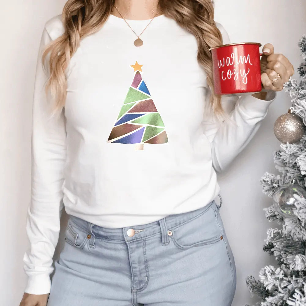 Metallic geometric shape Christmas tree long sleeve shirt by Winks Design Studio, LLC featuring festive holiday design.