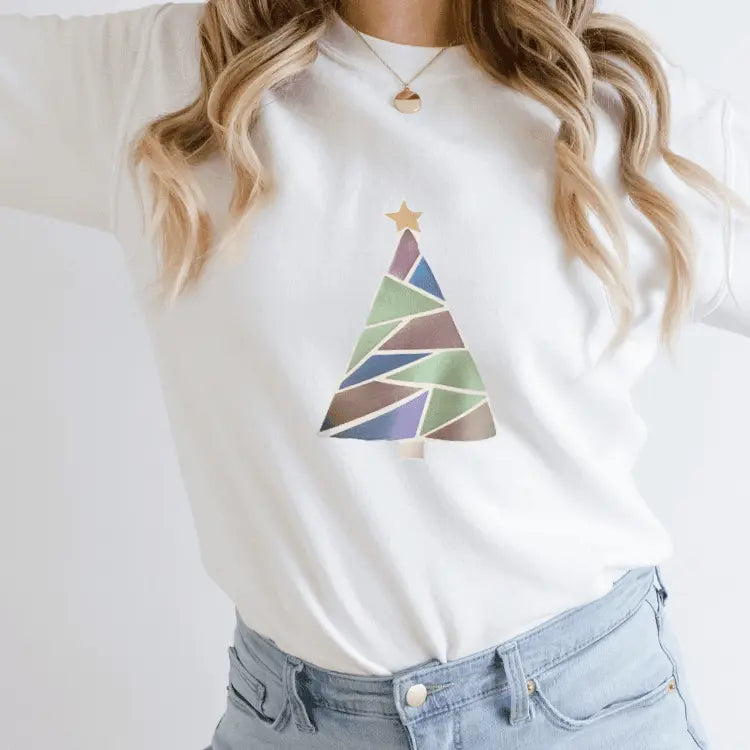 Metallic geometric shape Christmas tree long sleeve shirt by Winks Design Studio, LLC featuring festive holiday design.