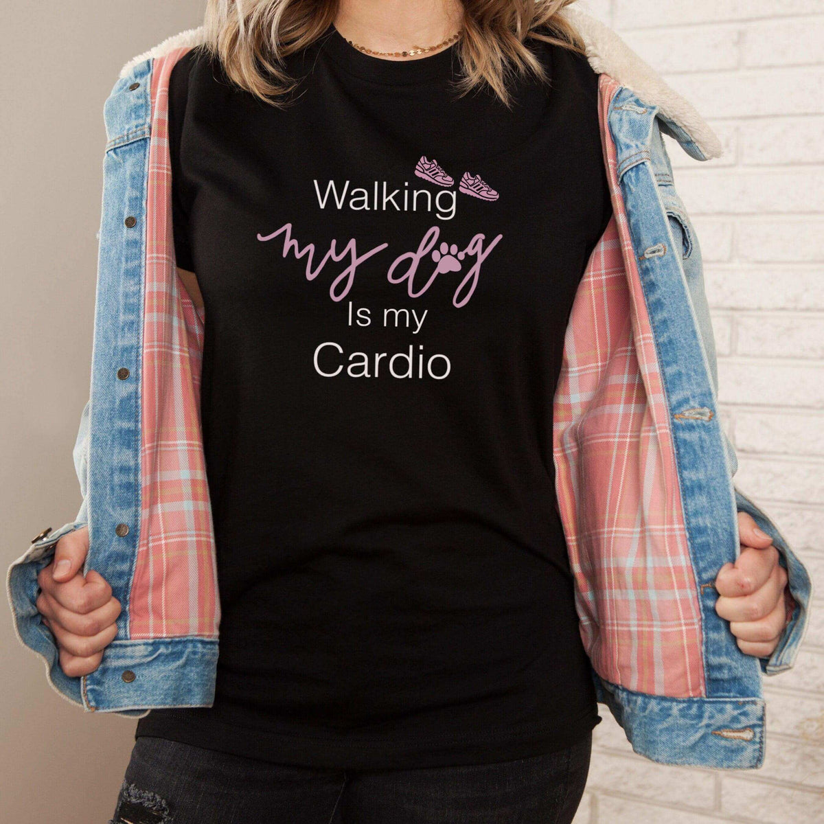 Winks Design Studio LLC walking my dog is my cardio shirt, casual black top with white text, perfect for dog lovers and casual wear.
