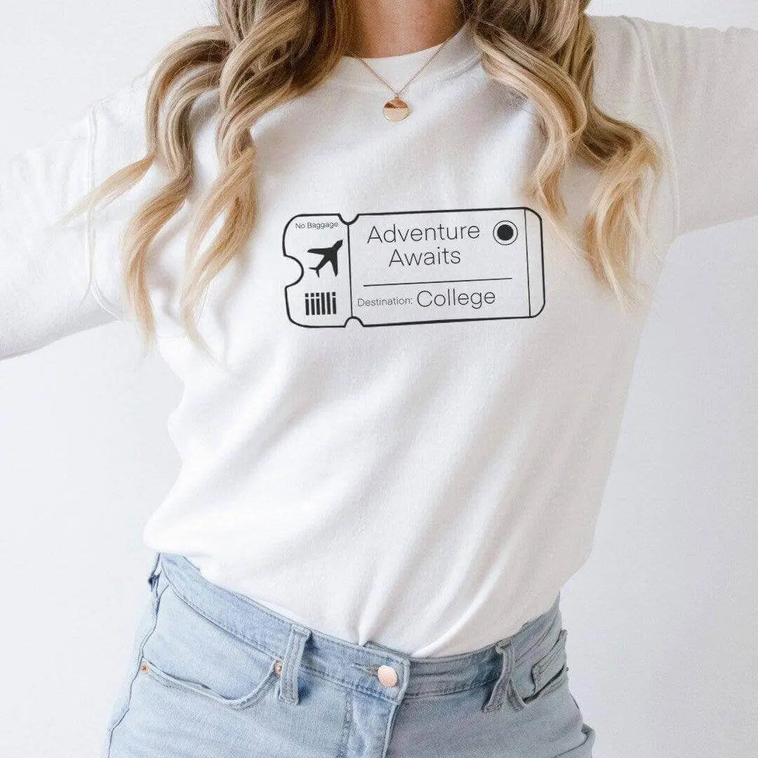 White Adventure Awaits custom shirt by Winks Design Studio, LLC, featuring a stylish, personalized graphic design.