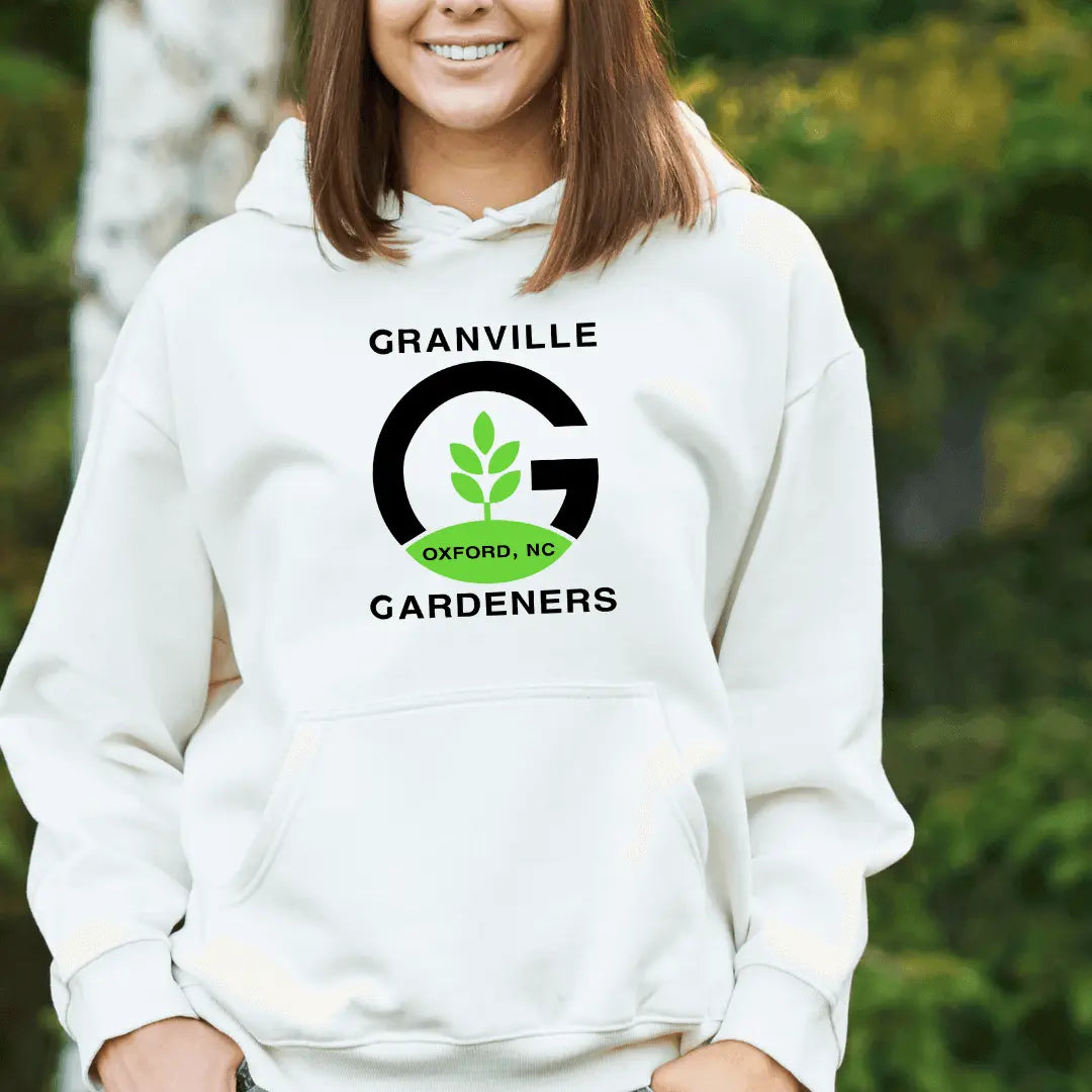 White Granville Gardeners Front Pouch Hoodie by Winks Design Studio, LLC, featuring a comfortable fit and front pouch pocket.
