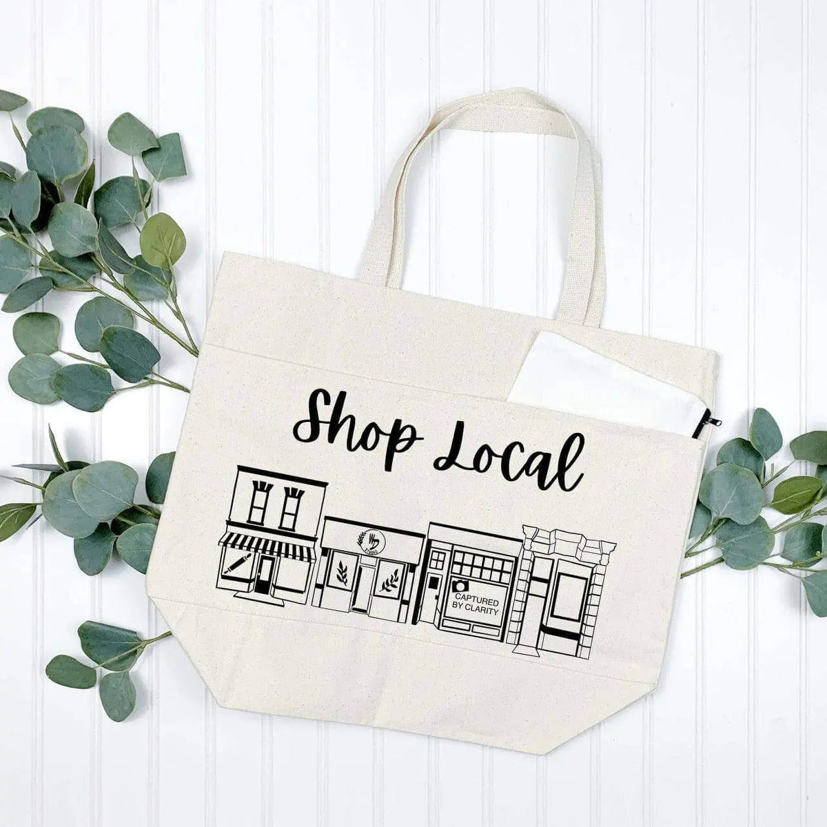 Winks Design Studio LLC shop local canvas tote bag with printed "Shop Local" slogan, sturdy handles, ideal for shopping.