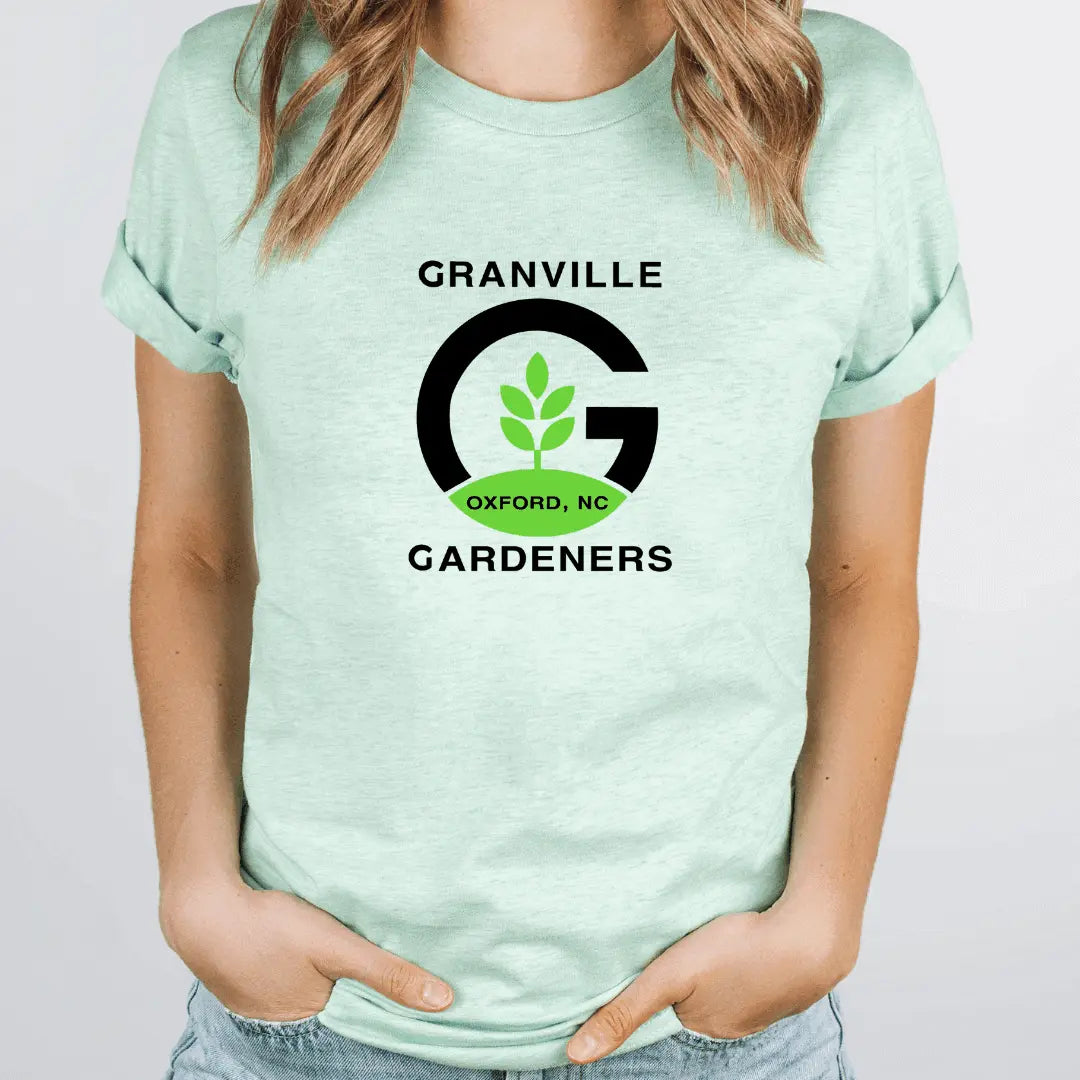 White blend Granville Gardeners short sleeve shirt by Winks Design Studio, LLC, displayed on a plain background.