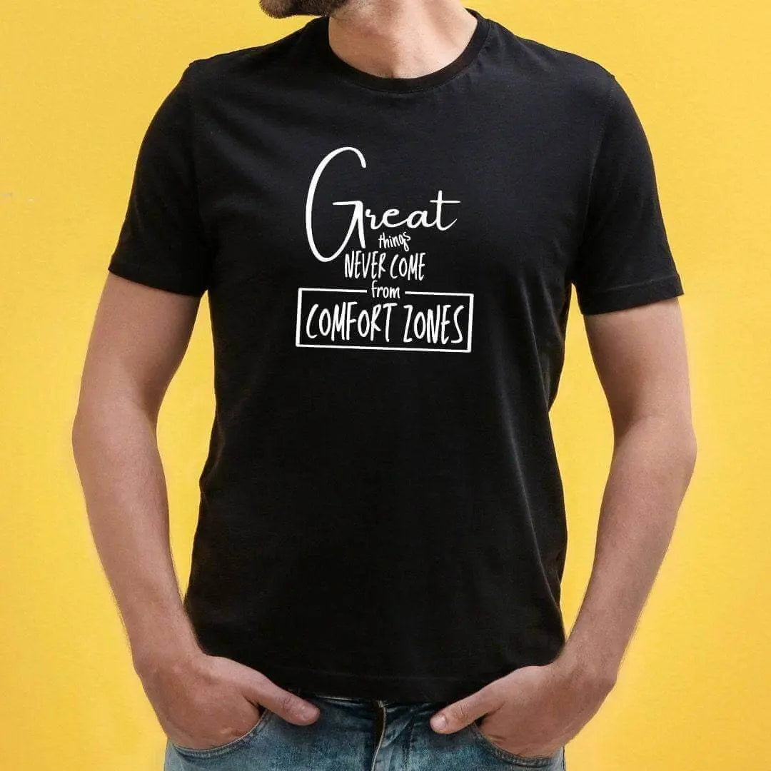 Black Winks Design Studio LLC T-shirt featuring the quote "Great Things Never Come From Comfort Zones" on the front.