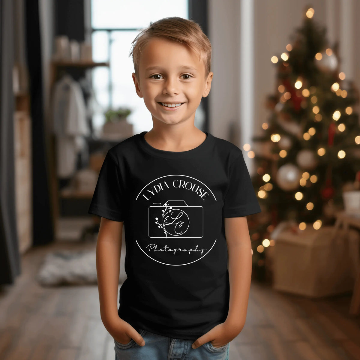 Youth Lydia Crouse Photography T-shirt by Winks Design Studio featuring a circular camera graphic on a small-sized tee.